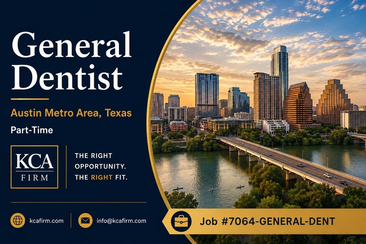 Part-time General Dentist opportunity in the Austin Metro Area, Texas, with KCA Firm branding and a golden-hour view of the Austin skyline and river.