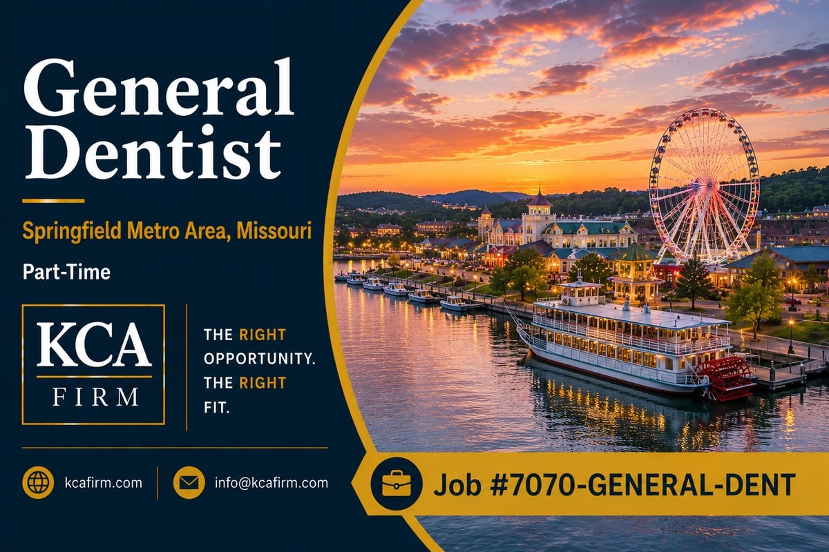 Part-time General Dentist opportunity in the Springfield Metro Area, Missouri, with KCA Firm branding and a scenic Southwest Missouri waterfront at sunset.