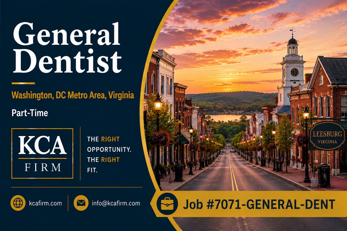 Part-time General Dentist opportunity in the Washington, DC Metro Area, Virginia, with KCA Firm branding and a Northern Virginia streetscape at sunset.