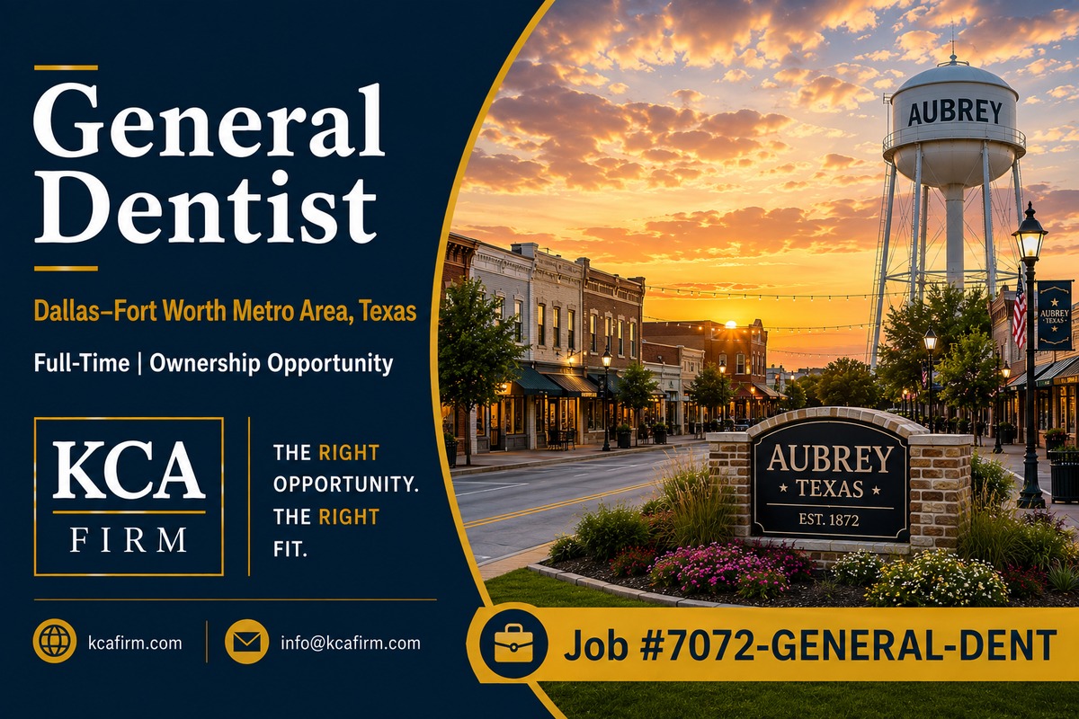 Full-time General Dentist ownership opportunity in the Dallas–Fort Worth Metro Area, Texas, with KCA Firm branding and a North Texas community scene at sunset.
