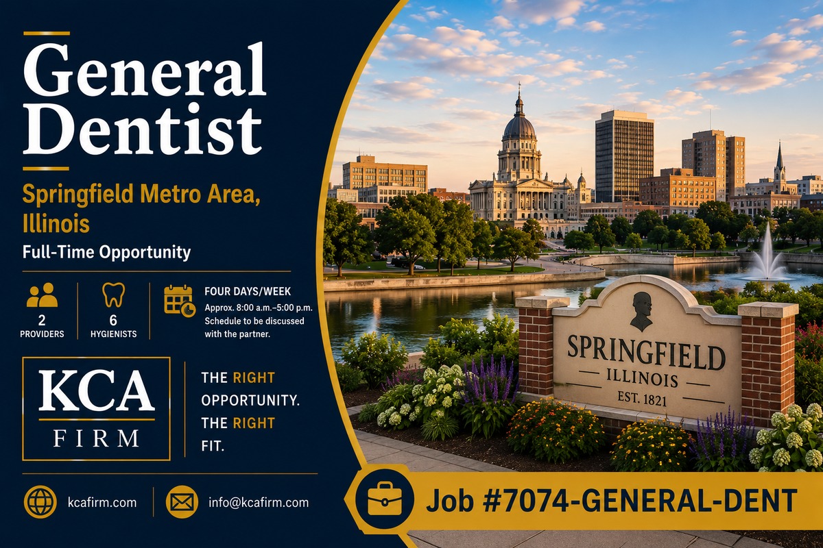 <h2 style="color:#123C5A; font-weight:700; margin-bottom:14px;"> General Dentist | Springfield Metro Area, Illinois | Full-Time | Job #7074-GENERAL-DENT </h2> <p> An established dental practice in the Springfield Metro Area is seeking a full-time General Dentist to join its clinical team. This opportunity offers an experienced provider and hygiene team, a four-day clinical schedule, and an environment well suited to a dentist interested in developing long-term relationships with patients and colleagues. </p> <h3 style="color:#126A9B; font-weight:700; margin-top:24px; margin-bottom:8px;"> What We Offer </h3> <p> The incoming dentist will join a collaborative practice with two providers and six hygienists. The practice would prefer a dentist with several years of experience and has particular interest in candidates interested in sedation dentistry. A skilled and highly motivated new graduate may also be considered. </p> <h3 style="color:#126A9B; font-weight:700; margin-top:24px; margin-bottom:8px;"> Position Details </h3> <ul> <li><strong>Employment Status:</strong> Full-Time</li> <li><strong>Schedule:</strong> Approximately four days per week, 8:00 a.m.–5:00 p.m.; final schedule to be discussed with the partner</li> <li><strong>Experience:</strong> 2+ years preferred</li> <li><strong>Provider Team:</strong> 2 providers</li> <li><strong>Hygiene Team:</strong> 6 hygienists</li> <li><strong>Clinical Interest:</strong> Interest in sedation dentistry is particularly attractive</li> </ul> <h3 style="color:#126A9B; font-weight:700; margin-top:24px; margin-bottom:8px;"> Qualifications </h3> <p> Candidates should hold a DDS or DMD from an accredited dental school and an active Illinois dental license, or be eligible to obtain one. Several years of clinical experience are preferred; however, the practice is willing to consider a skilled and driven recent graduate with strong potential for continued development. </p> <h3 style="color:#126A9B; font-weight:700; margin-top:24px; margin-bottom:8px;"> Responsibilities </h3> <ul> <li>Provide comprehensive general dental care based on individual patient needs.</li> <li>Perform examinations, diagnose dental conditions, and develop appropriate treatment plans.</li> <li>Provide preventive, restorative, and other general dental services consistent with training and experience.</li> <li>Clearly communicate treatment recommendations and oral-health information to patients.</li> <li>Collaborate with the provider, hygiene, clinical, and administrative teams.</li> <li>Build strong, long-term relationships with patients and contribute to the continued success of the practice.</li> <li>Maintain applicable professional, patient-safety, infection-control, OSHA, and HIPAA standards.</li> </ul> <h3 style="color:#126A9B; font-weight:700; margin-top:24px; margin-bottom:8px;"> About the Practice </h3> <p> This established practice offers a collaborative clinical setting supported by an experienced provider and hygiene team. The opportunity is particularly well suited to a dentist seeking a stable full-time role with a four-day workweek and the ability to continue developing clinically within a team-oriented environment. </p> <h3 style="color:#126A9B; font-weight:700; margin-top:24px; margin-bottom:8px;"> Community &amp; Lifestyle </h3> <p> The Springfield Metro Area offers the amenities of Illinois’ capital region while maintaining an accessible, community-oriented lifestyle. The area provides dining, recreation, cultural and historic attractions, established residential communities, and convenient access to destinations throughout central Illinois. </p> <p> <strong>Interested in Learning More?</strong> Apply today for additional information and consideration. </p>