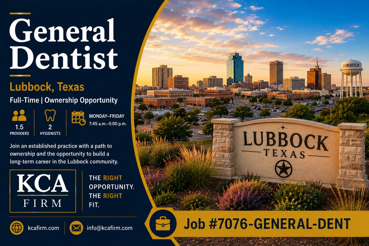 Full-time General Dentist ownership opportunity in Lubbock, Texas, with KCA Firm branding and a Lubbock cityscape at sunset.